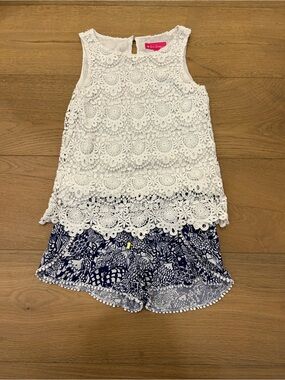Lilly Pulitzer White Crochet Tank & Navy Floral Shorts Set